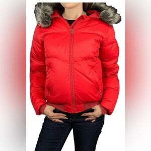 Vintage Ralph Lauren Polo Jeans Red Down Puffer Coat Women’s Large Faux Fur Hood